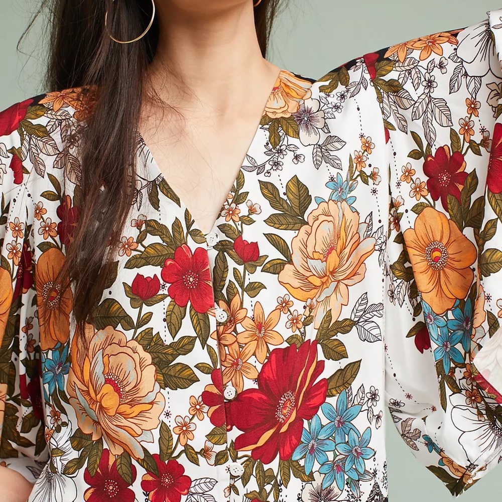NWT Farm Rio Anthropologie Floral Blouse White Red Green Size S Small - Picture 3 of 7